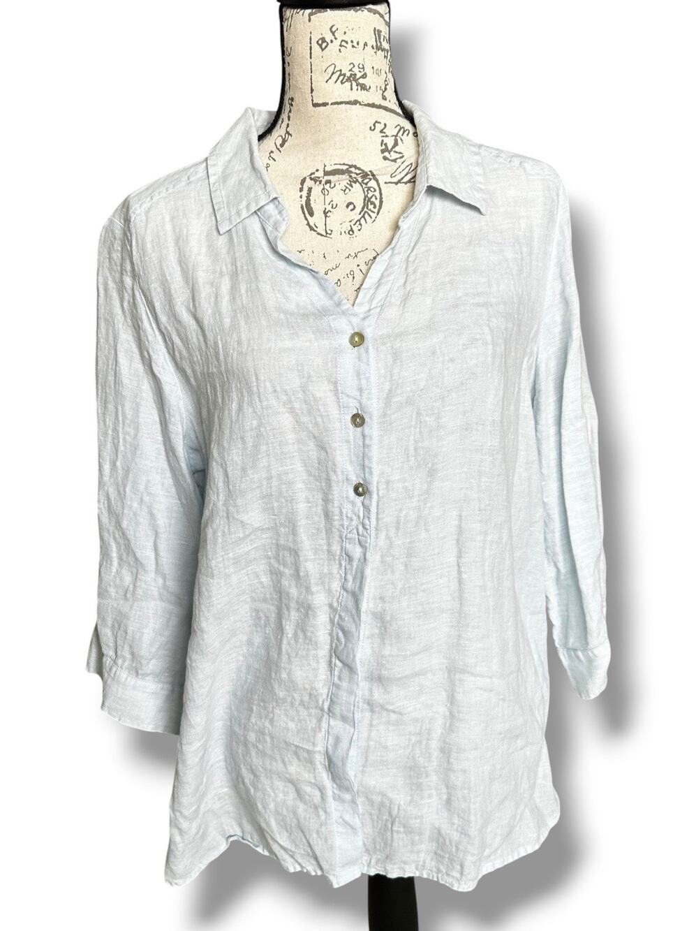 Chico’s Sz 2 Powder Blue Linen 3/4 Sleeve Button Up Shirt Blouse Coastal Large